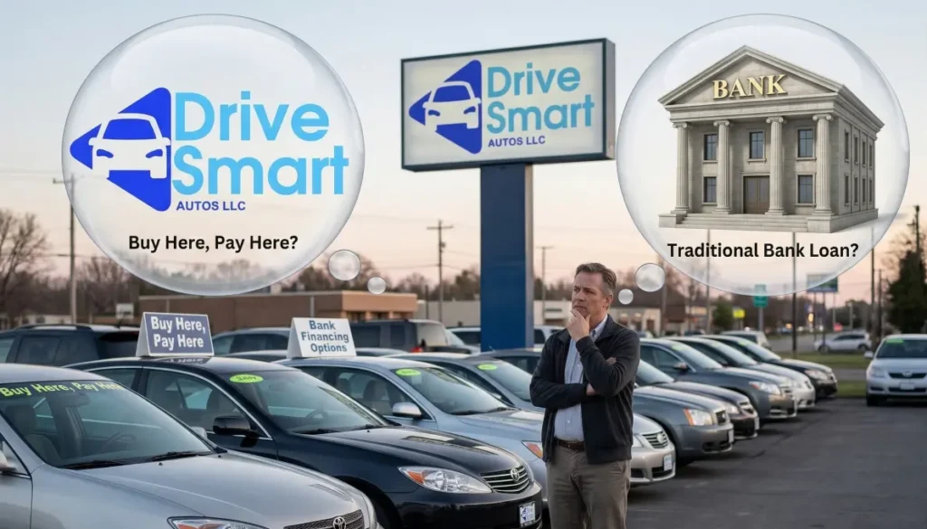 Compare buy here pay here vs bank financing for used cars and understand which option fits your credit, timeline, and situation best.