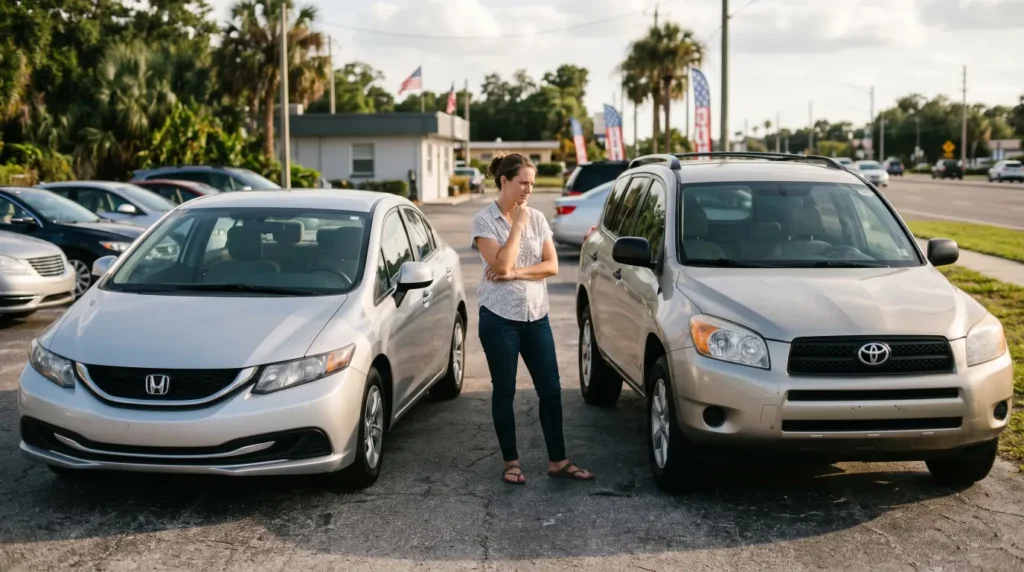 Compare sedan vs SUV on a budget, including fuel, insurance, space, maintenance, and payment fit for Tampa Bay used-car shoppers.