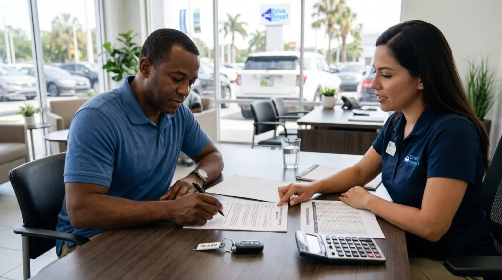 Learn the most important Buy Here Pay Here red flags, contract questions, fee checks, and warning signs before signing for a used car.